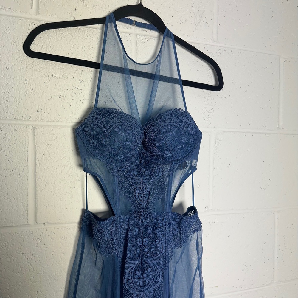 Victoria's Secret Blue Lace Mesh Halter Cutout Teddy Lingerie 34B Underwire